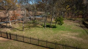 Photo of the enslaved cemetery at The Hermitage. A black fence encloses a copse of trees, with a road bordering the area on the left..